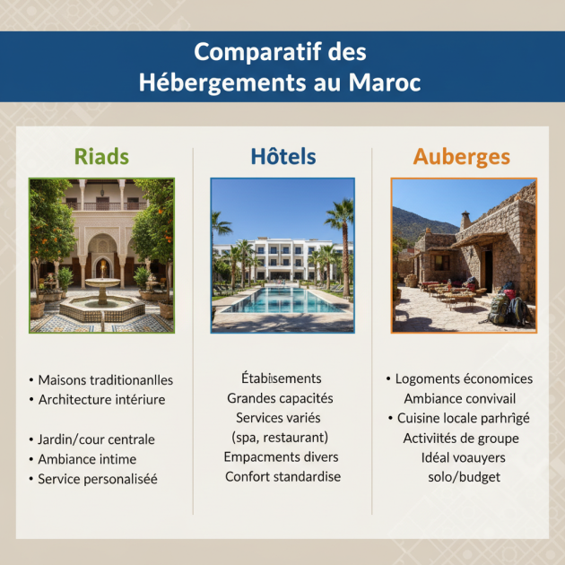 Comparatif des Hébergements au Maroc : Riads, Hôtels et Auberges